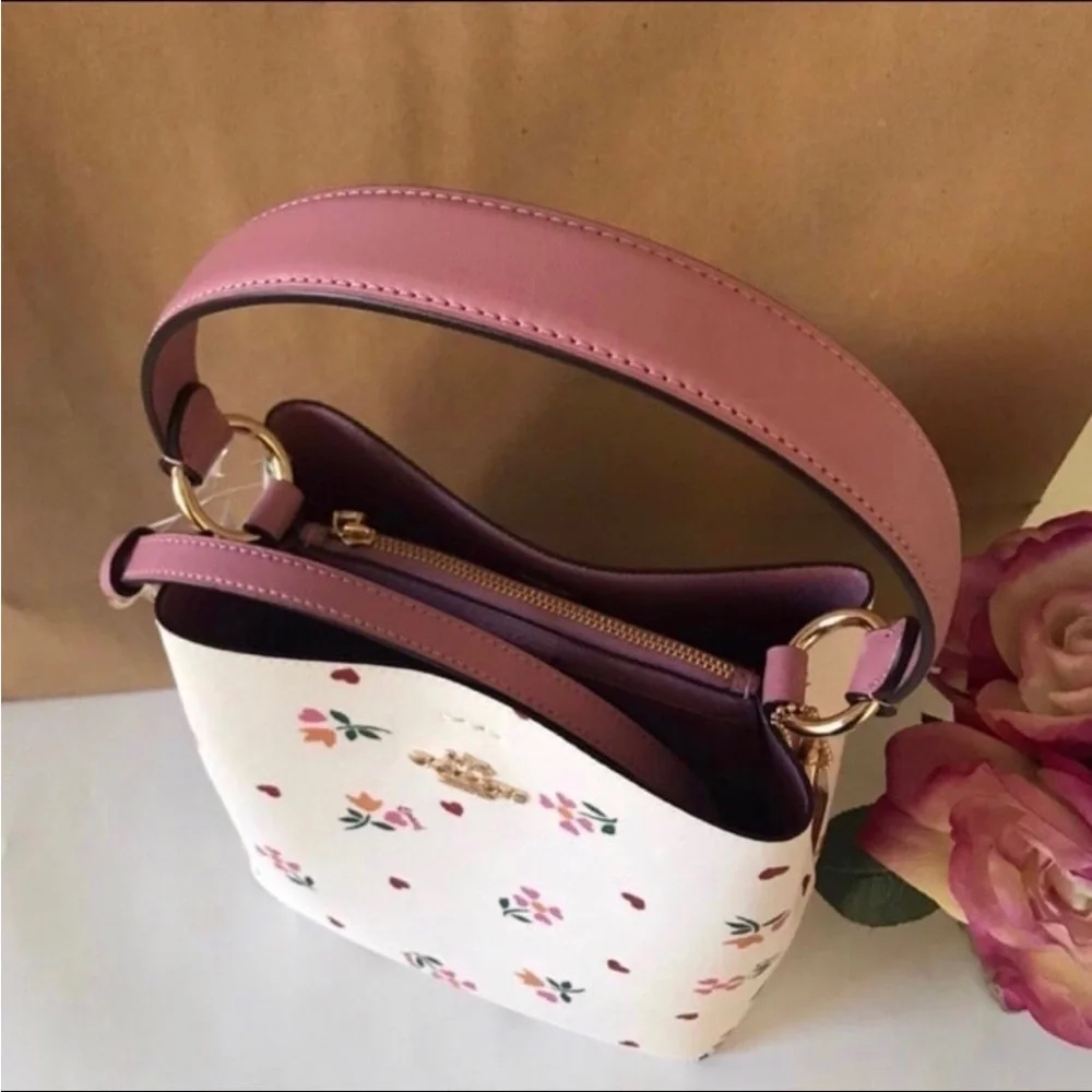 Coach Small Town Bucket Pink Leather Signature Canvas Heart Petal Print Chalk
